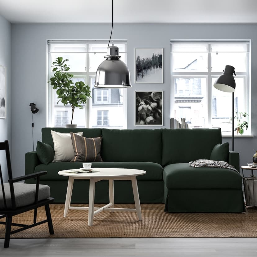 HYLTARP — Sofa 3o z szezlongiem, prawy, Tallmyra ciemnozielony,