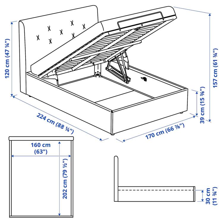 тахта с обивкой, Gunnared темно-серый, 160x200 см dimensions
