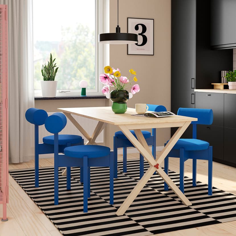 IKEA PS 2026 — Стол и 4 стула, сосна/Knäbäck ярко-синий, 156x75 см