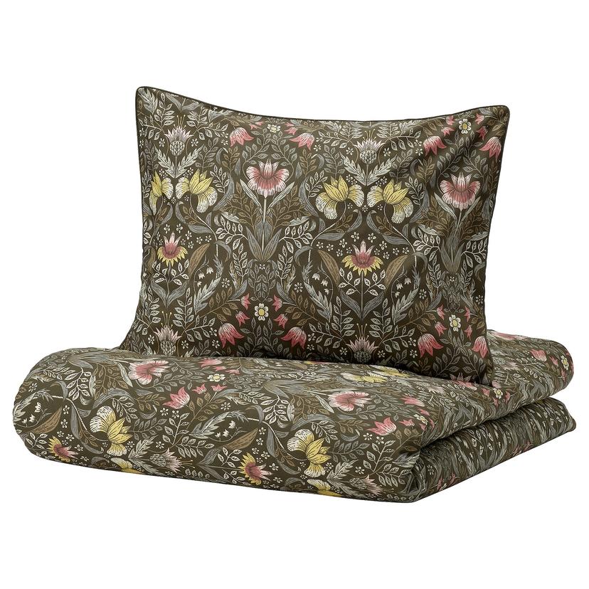 KÄRRDUNÖRT — Пододеяльник и 2 наволочки, темно-зеленый/разноцветный