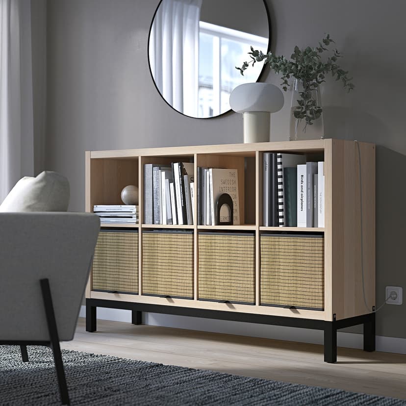 KALLAX — стеллаж с основанием, под беленый дуб/черный, 147x94 см