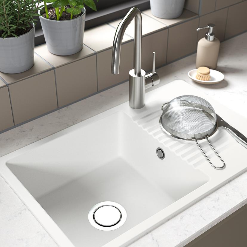 KILSVIKEN — одинарная врезная мойка с крылом, белый кварцевый композит, 72x46 см