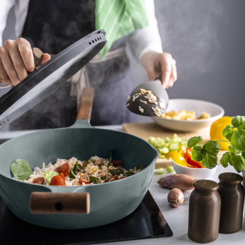 KLIPPFISK — Сковорода с крышкой, антипригарное покрытие, стекло/дерево, серо-бирюзовый цвет.