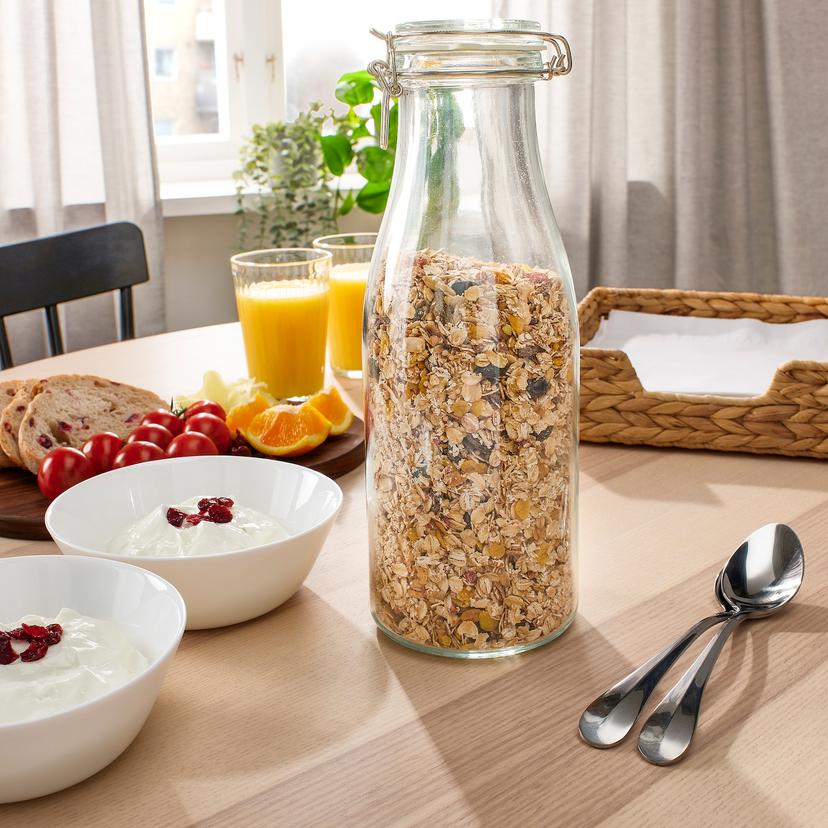 KORKEN — Банка в форме бутылки с крышкой, из прозрачного стекла.