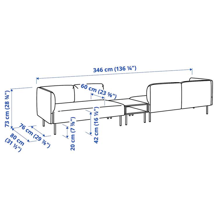 4-м модульный диван со столиком, Vissle бежевый/дерево dimensions