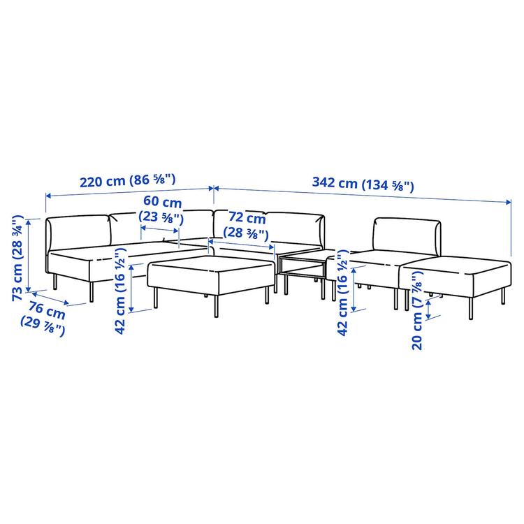 6-местный модульный диван+столик, Vissle/бежевый металлический dimensions