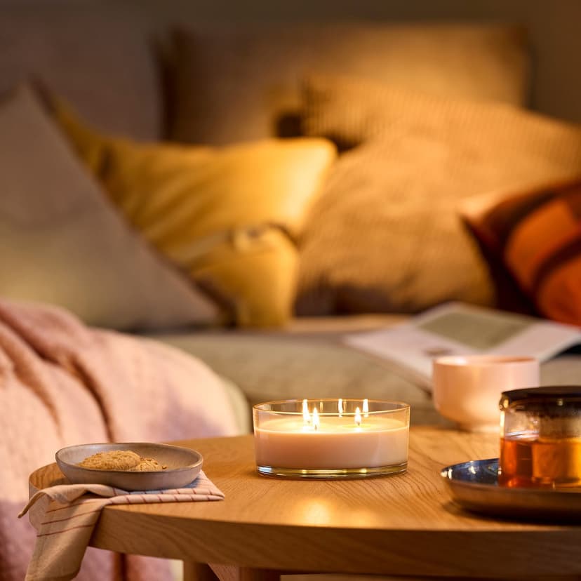 LOTSFÅGEL — Świeca zapachowa w szkle/3 knoty, Brzoskwinia jasnopomarańczowy,