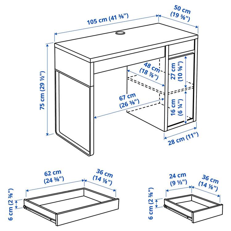 письменный стол, под беленый дуб, 105x50 см dimensions
