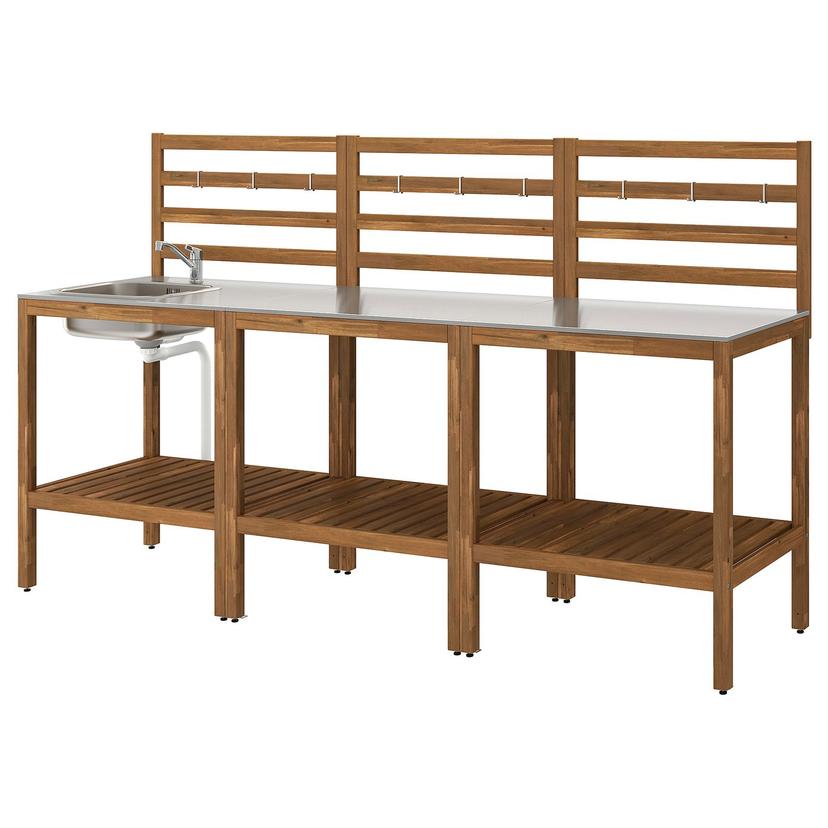 NÄMMARÖ — кухня с мойкой, для улицы, светло-коричневая морилка/нержавеющ сталь, 240x62 см