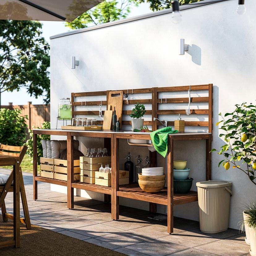 NÄMMARÖ — кухня с мойкой, для улицы, светло-коричневая морилка/нержавеющ сталь, 240x62 см