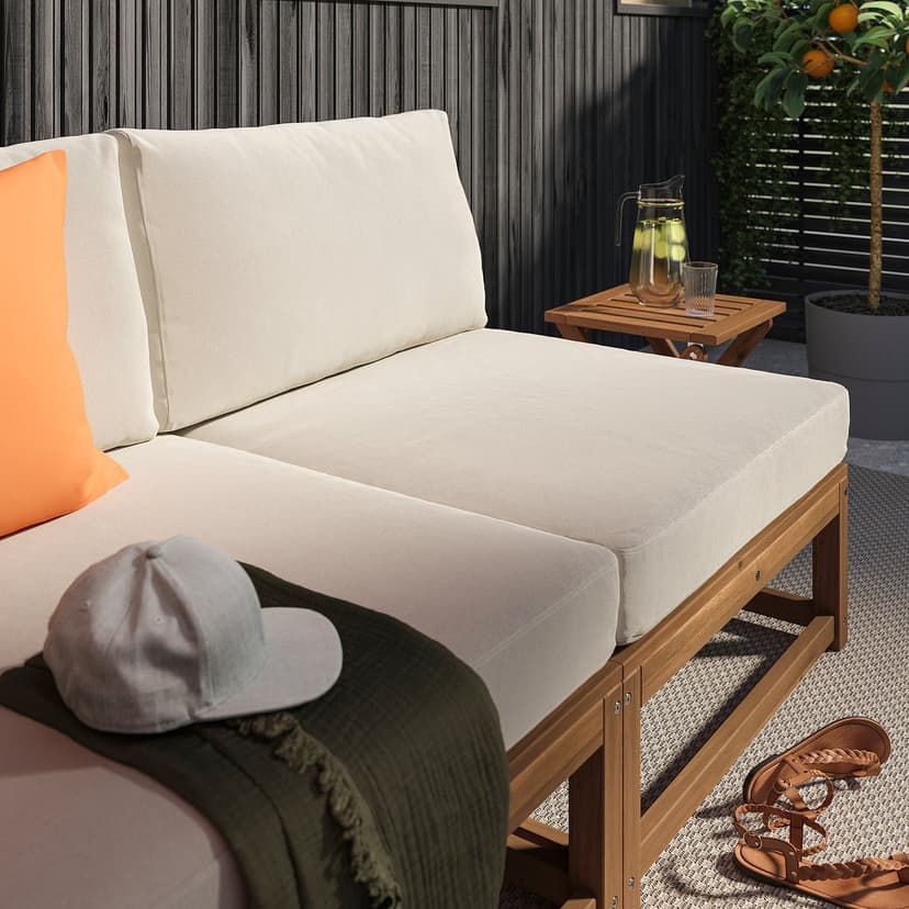 NÄMMARÖ — 3-osob sofa modułowa z szezlongiem, na zewnątrz bejca jasnobrązowa/Frösön/Duvholmen beżowy,