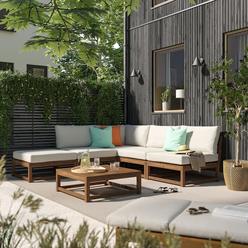 NÄMMARÖ — 4-osob sofa modułowa z szezlongiem, na zewnątrz bejca jasnobrązowa/Frösön/Duvholmen beżowy,