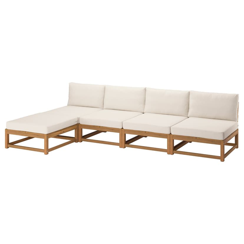 NÄMMARÖ — 4-osob sofa modułowa z szezlongiem, na zewnątrz bejca jasnobrązowa/Frösön/Duvholmen beżowy,