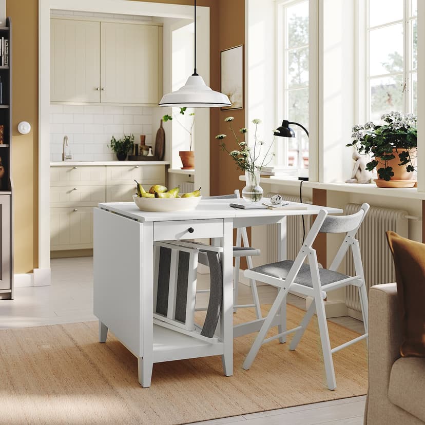 NÄSINGE / FRÖSVI — Stół i 2 krzesła, stół z opuszczanym blatem biały/składany biały/Knisa jasnoszary,