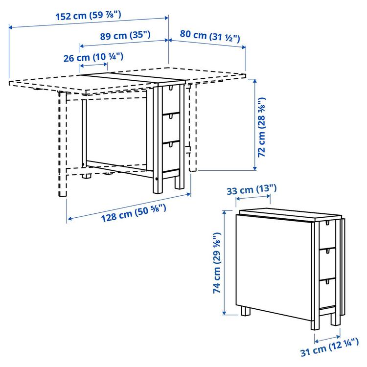 стол и 4 табурета, белый/береза, 26/89/152 см dimensions