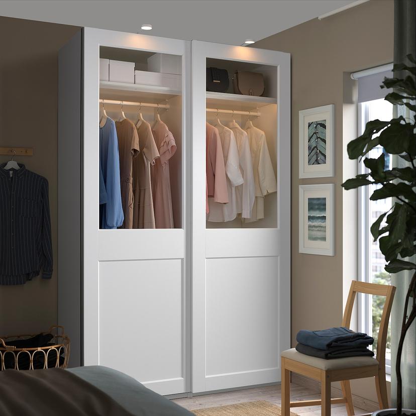 PAX / GRIMO — гардероб с раздвижными дверьми, белый/прозрачное стекло белый, 150x66x236 см