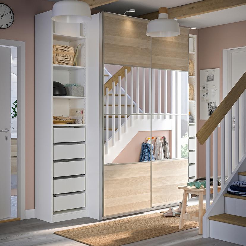 PAX / MEHAMN/AULI — Шкаф с раздвижными дверями, белое двустороннее зеркало, имитирующее дуб, тонированный в белый цвет.