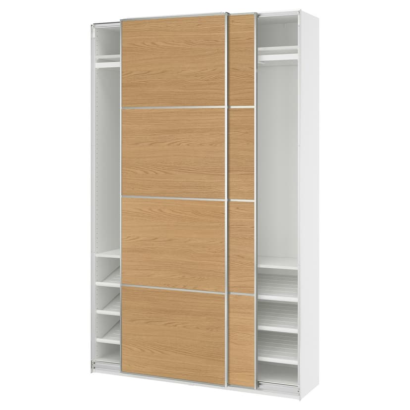 PAX / MEHAMN — Szafa z przesuwanymi drzwiami, biały aluminium/2str imit. dębu,