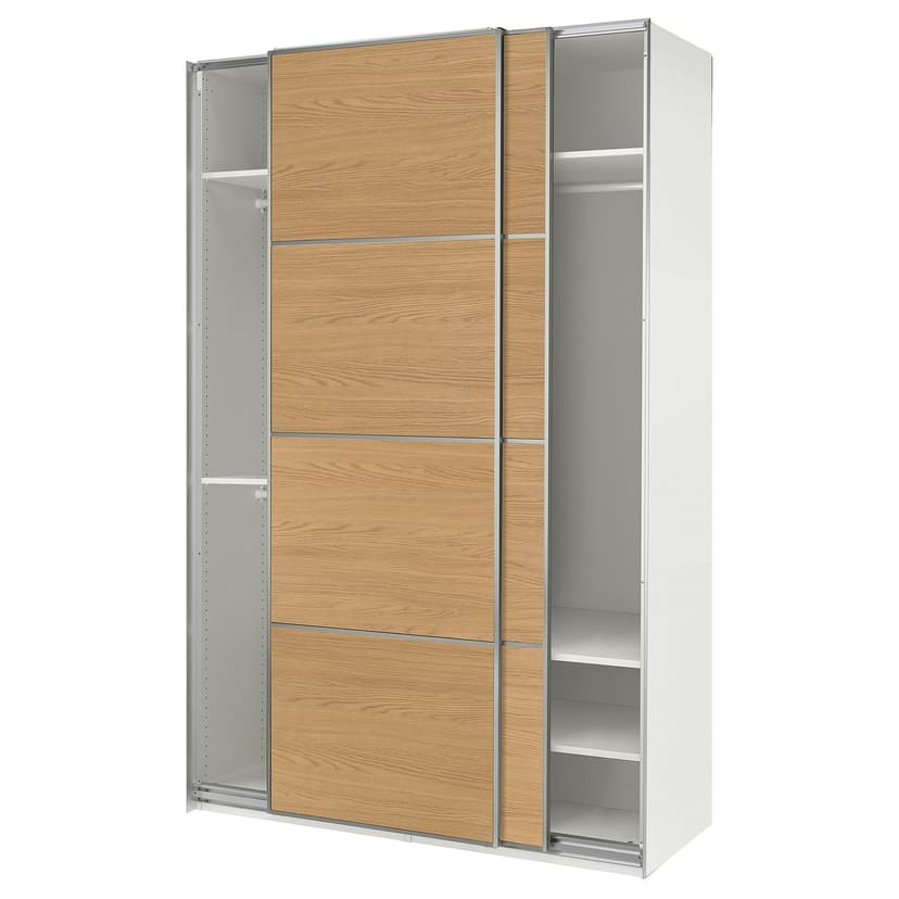 PAX / MEHAMN — Szafa z przesuwanymi drzwiami, biały aluminium/2str imit. dębu,
