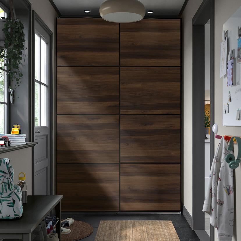 PAX / MEHAMN — Шкаф с раздвижными дверями, темно-серый, черный/двусторонний, темно-коричневый, с отделкой под дуб.