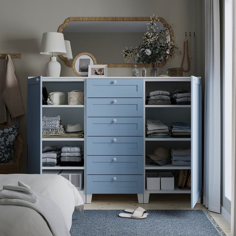 PLATSA — Szafka z drzwiami i szufladami, biały Sannidal/niebieski,