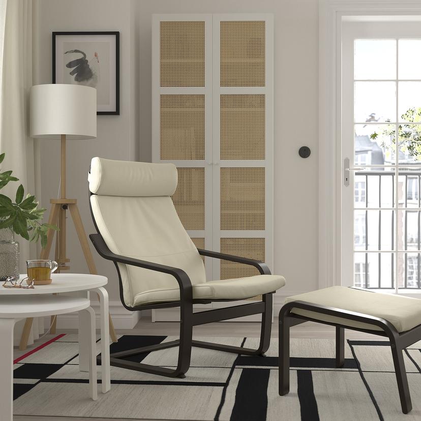 POÄNG — Кресло, черно-коричневое/глянцевое, кремово-белое