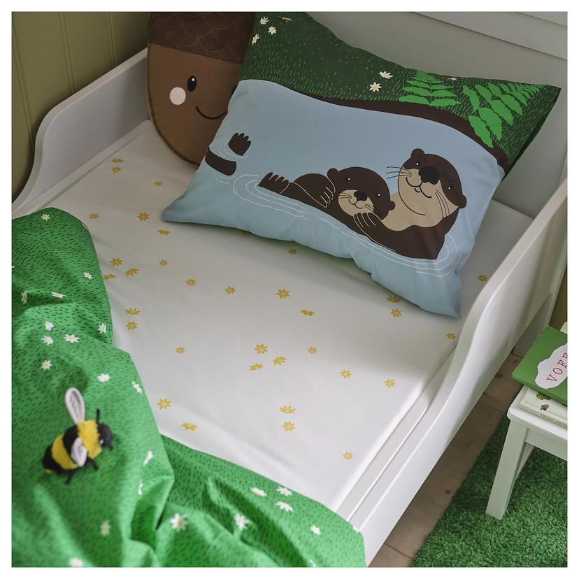 SKOGSDUVA — натяжная простыня, белый желтый/цветочный орнамент, 90x200 см