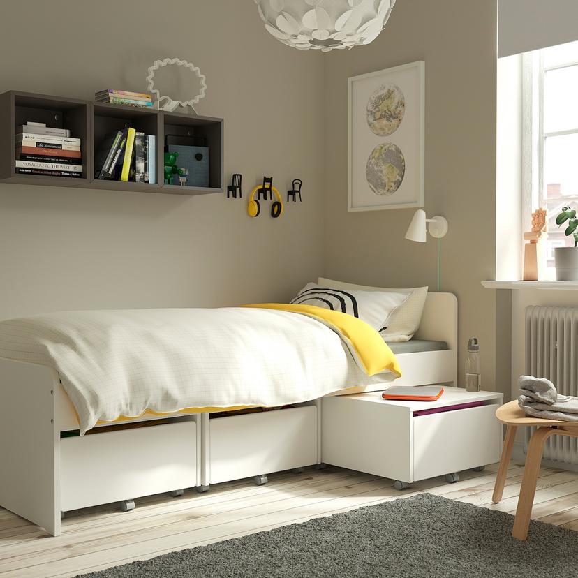 SLÄKT — каркас кровати с 3 ящиками, белый, 90x200 см