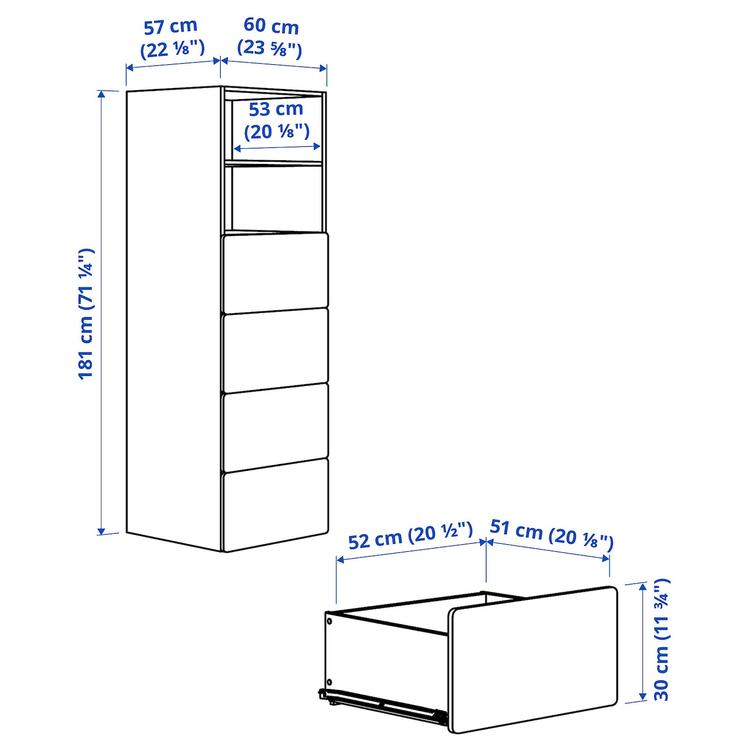 стеллаж, белый с рамой/с 4 ящиками, 60x57x181 см dimensions