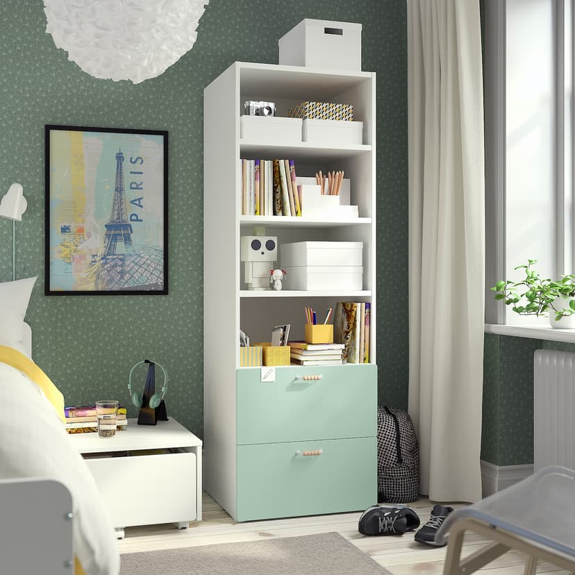 SMÅSTAD / PLATSA — стеллаж, белый светло-зеленый/с 2 ящиками, 60x57x181 см