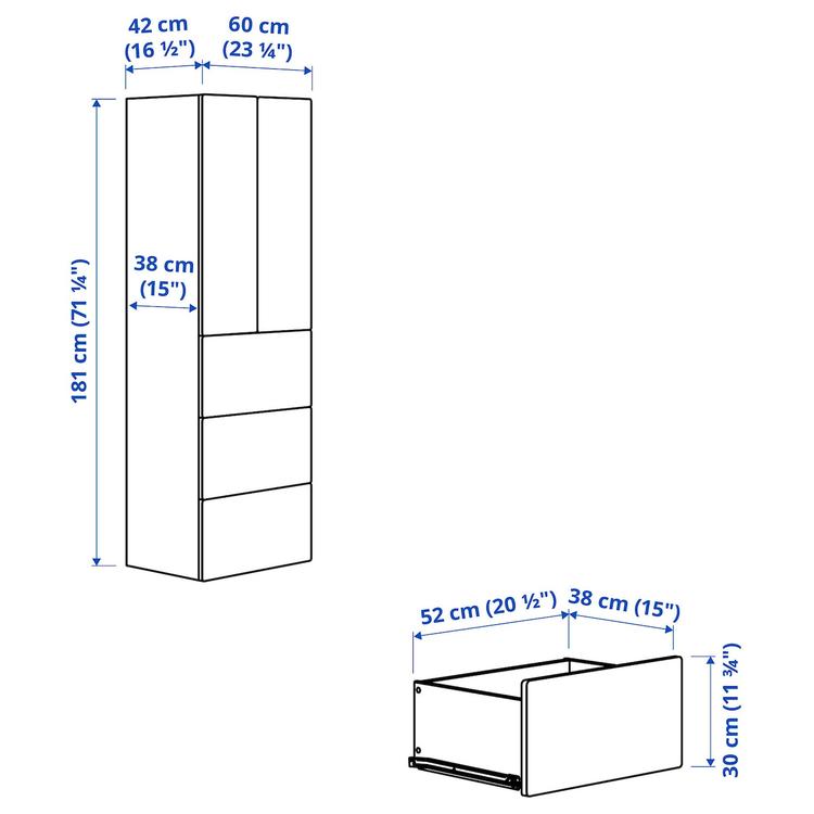 гардероб, белый с рамой/с 3 ящиками, 60x42x181 см dimensions
