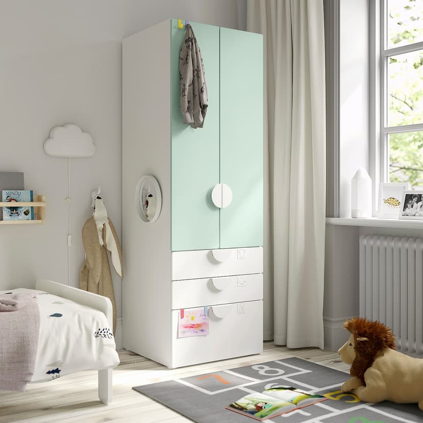 SMÅSTAD / PLATSA — Гардероб, белый светло-зеленый/с 3 ящиками, 60x57x181 см