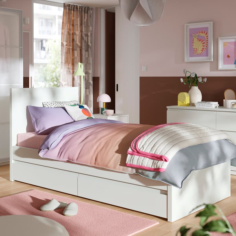 STORKLINTA — Rama łóżka z 2 pojemnikami, biały/Leirsund,