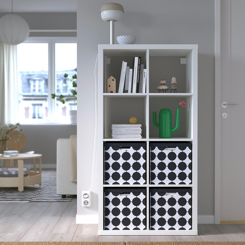 TJENA — коробка с крышкой, белый черный/точечный, 32x35x32 см