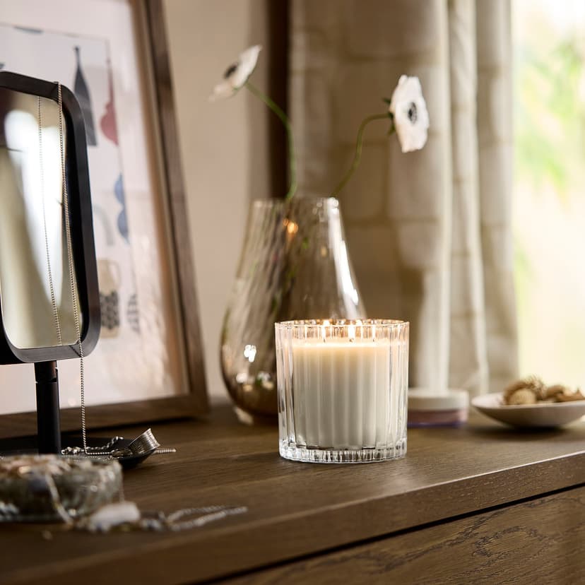 TOFSTÄRNA — Świeca zapachowa w szkle, 2 knoty, zapach świeżego prania szkło bezbarwne,