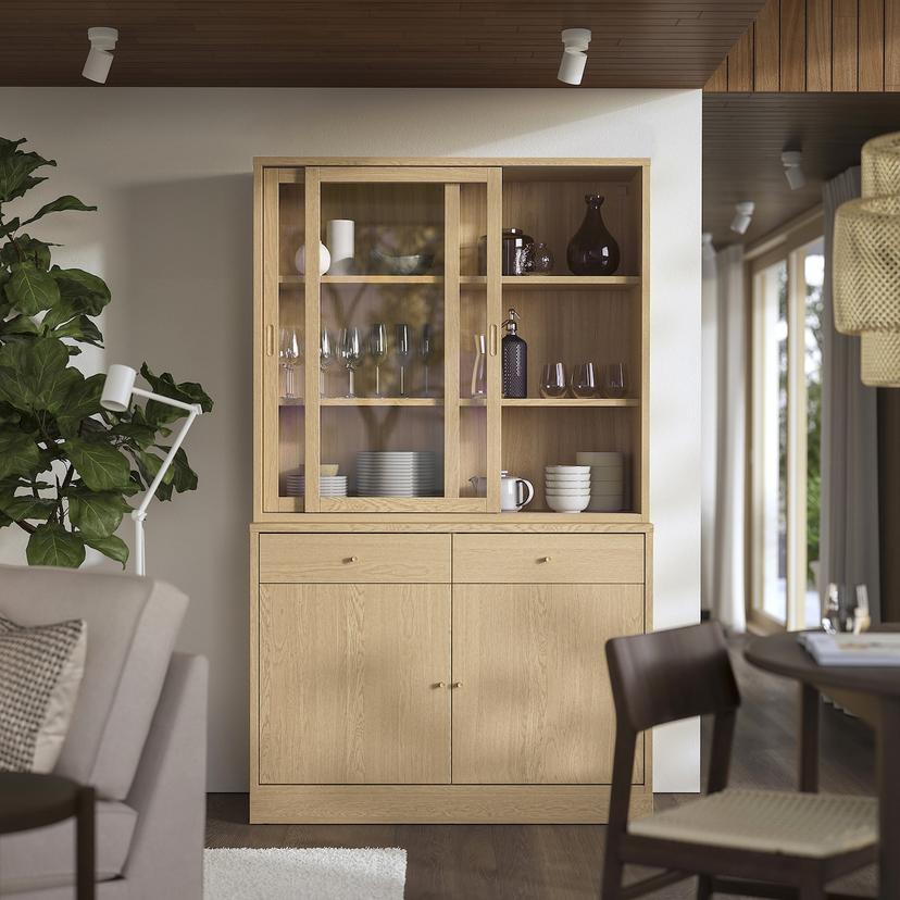 TONSTAD — комбинация с раздвижными дверьми, дубовый шпон/прозрачное стекло, 121x47x201 см