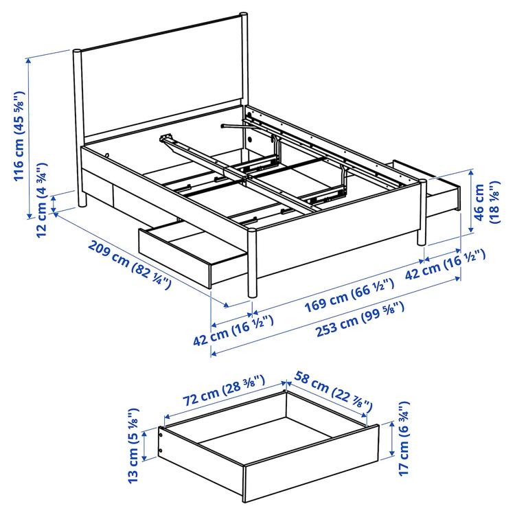 каркас кровати с ящиками, дубовый шпон/Luröy, 160x200 см dimensions