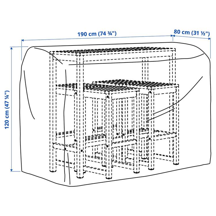 чехол для садовой мебели, стол и стулья/черный, 190x80 см dimensions