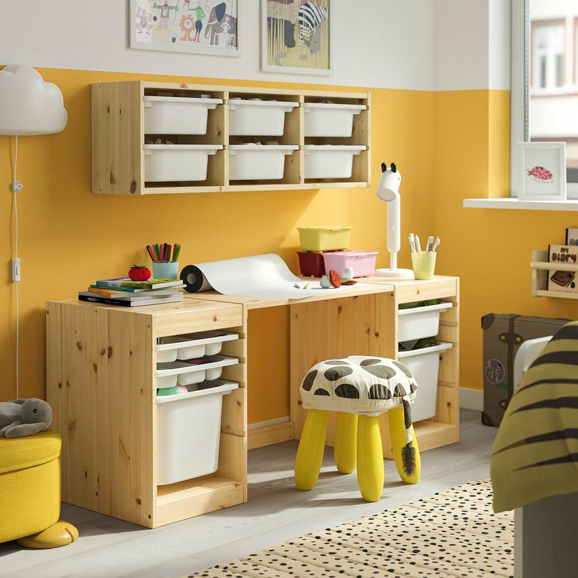 TROFAST — Biurko z pojemnika/tacami z przegr, jasna sosna bejcowana na biało/biały biały,