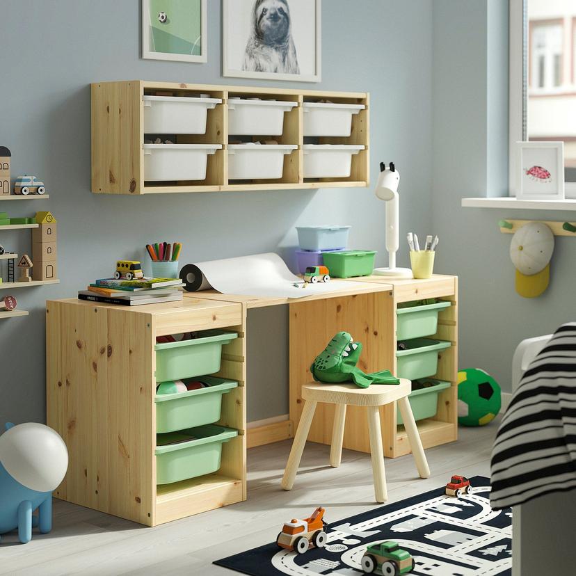 TROFAST — Biurko z pojemnikami, jasna sosna bejcowana na biało jasnozielony,