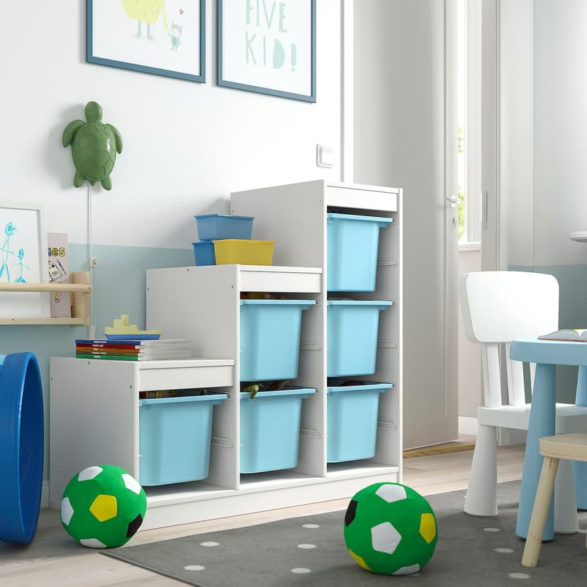 TROFAST — Комбинация д/хранения+контейнеры, белый/голубой, 99x44x94 см