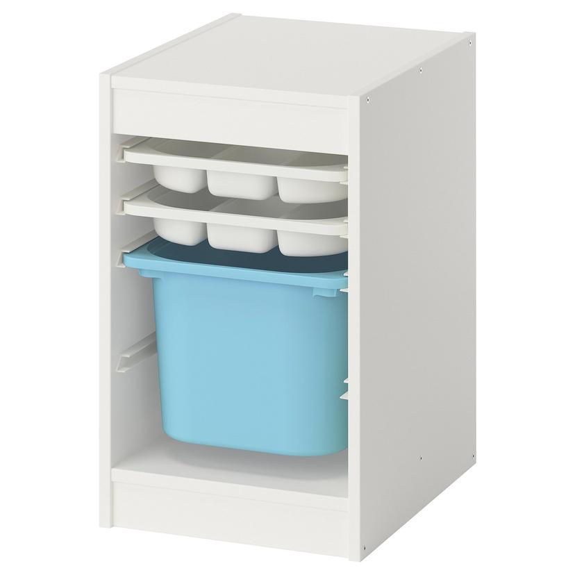 TROFAST — Полка с контейнерами/подносами, белая/светло-голубая.