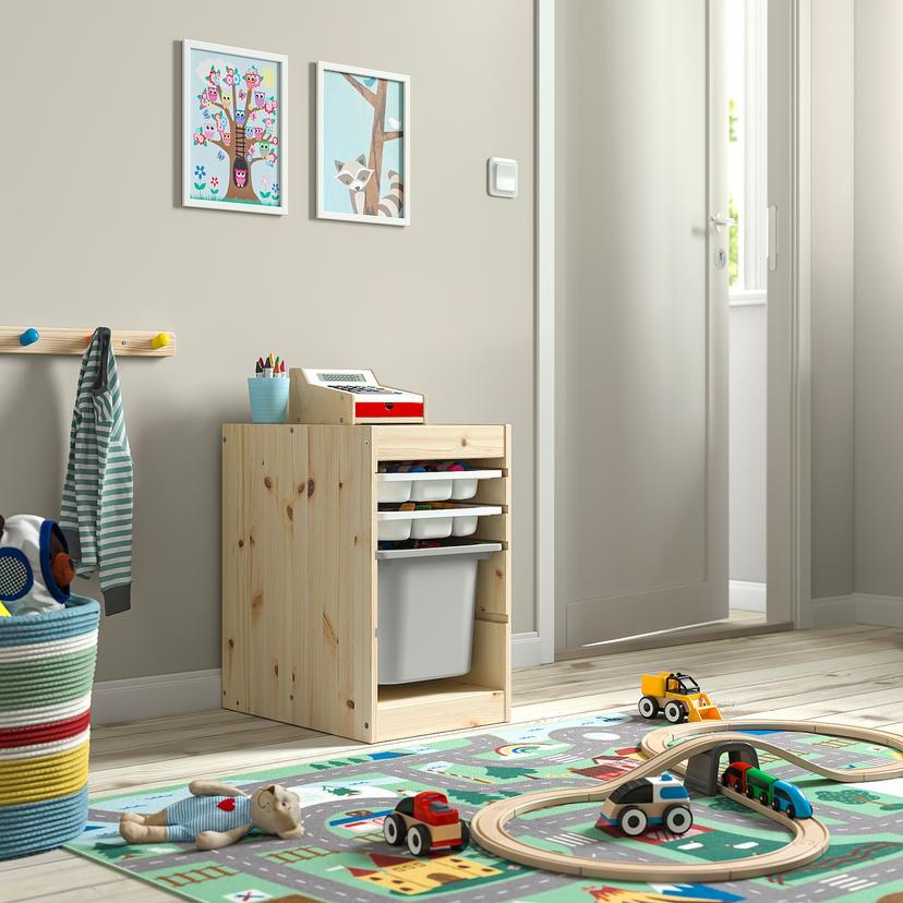 TROFAST — комбинация с контейнером/лотками, светлая беленая сосна белый/серый, 32x44x52 см