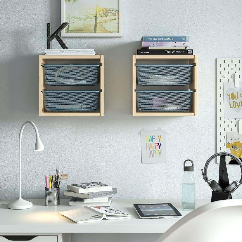 TROFAST — настенный модуль для хранения, светлая беленая сосна/серо-синий, 32x21x30 см