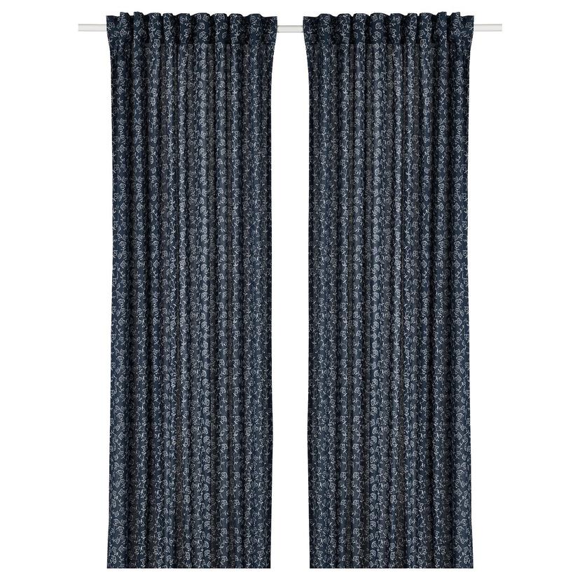 TRYSTÄVMAL — Шторы, 2 шт., темно-синий/белый/цветочный узор на тесьме.