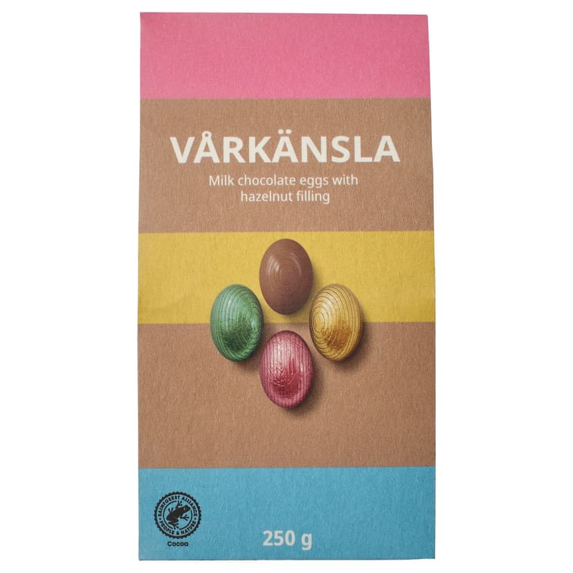 VÅRKÄNSLA — Jajka z czekolady mlecznej, z nadzieniem orzechowym z certyfikatem Rainforest Alliance,