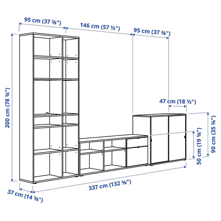 комбинация для хранения/под ТВ, темно-серый, 337x47x200 см dimensions