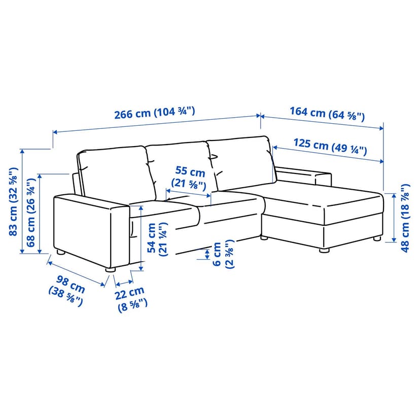 VIMLE — Sofa 3-osobowa z szezlongiem, z szerokimi podłokietnikami/Johanneshov ciemnozielony,