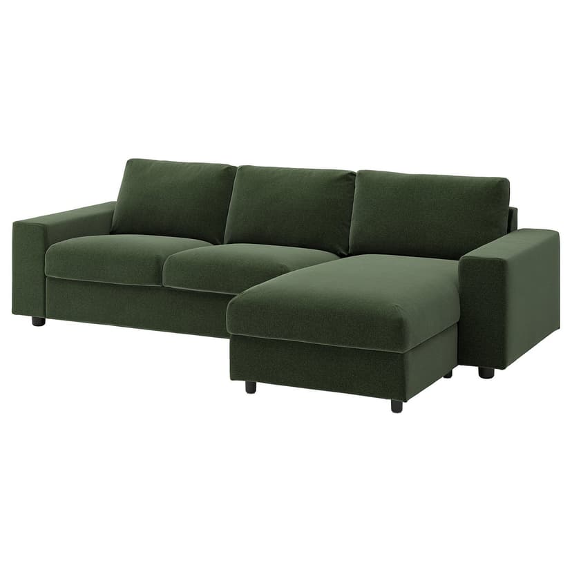 VIMLE — Sofa 3-osobowa z szezlongiem, z szerokimi podłokietnikami/Johanneshov ciemnozielony,