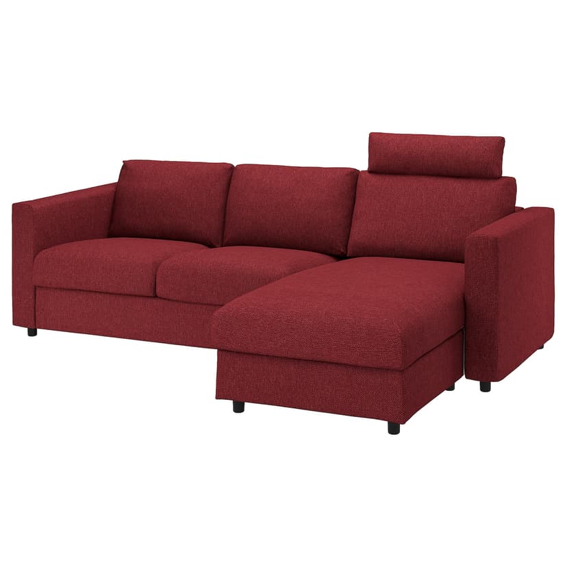 VIMLE — Sofa 3-osobowa, z szezlongiem z zagłówkiem/Lejde czerwony/brązowy,